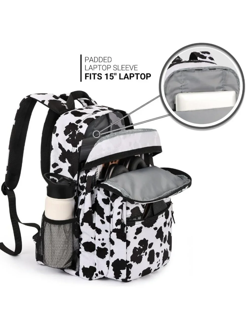Stylish 26L Water-Resistant Backpack for College & Travel - Black Cow Print